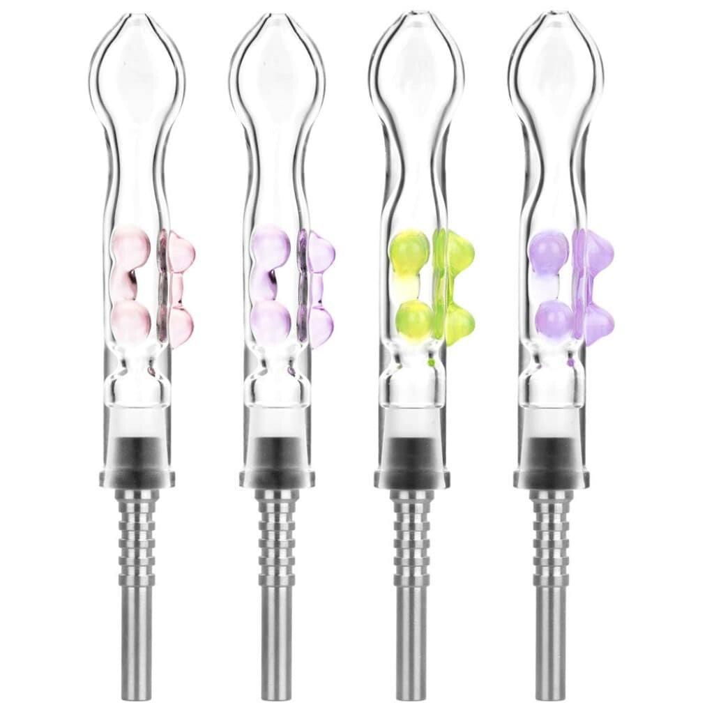 Glass vaporizer attachments: Pinch Dab Straw, 10mm Male Titanium, colorful silicone grips