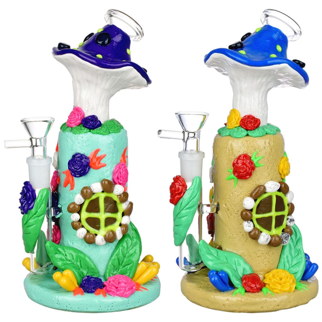 Colorful shroom cottage glow water pipes with floral designs, 14mm male herb slide included