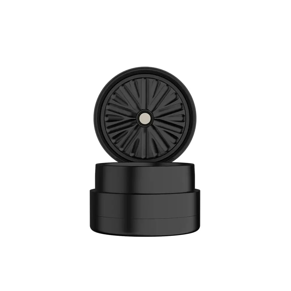 Black grinder with textured lid for Flower Mill’s Generation Standard glass hand pipe