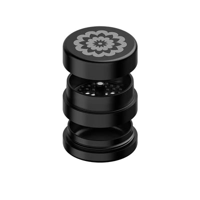 Black metal herb grinder with Flower Mill Generation Standard Rolling Paper design