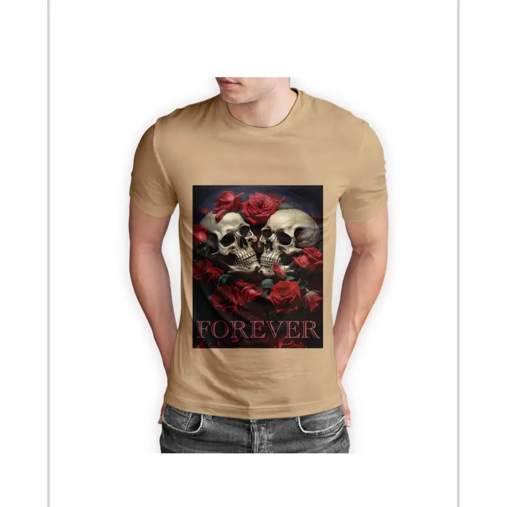 Tan forever half sleeve t-shirt with skull and rose graphic for stylish casual wear