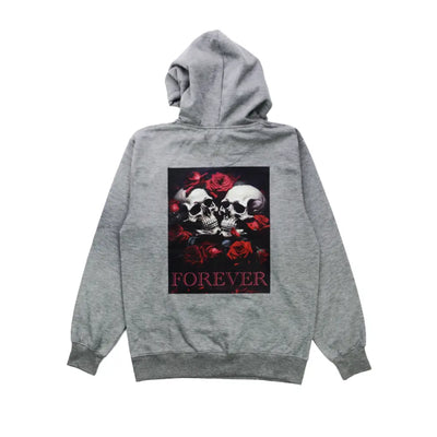 Gray Forever Hoodie with skull and rose graphic, perfect for stylish streetwear lovers