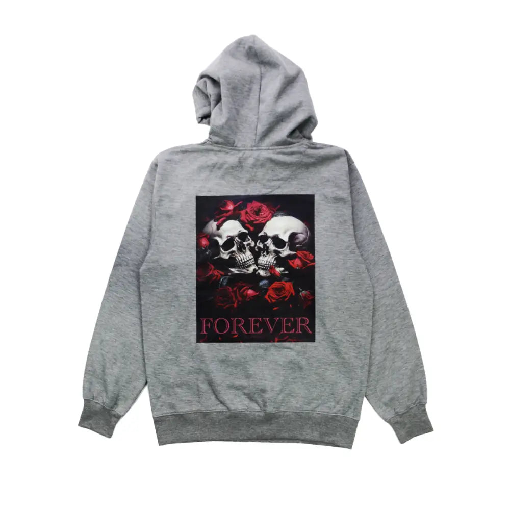 Gray Forever Hoodie with skull and rose graphic, perfect for stylish comfort
