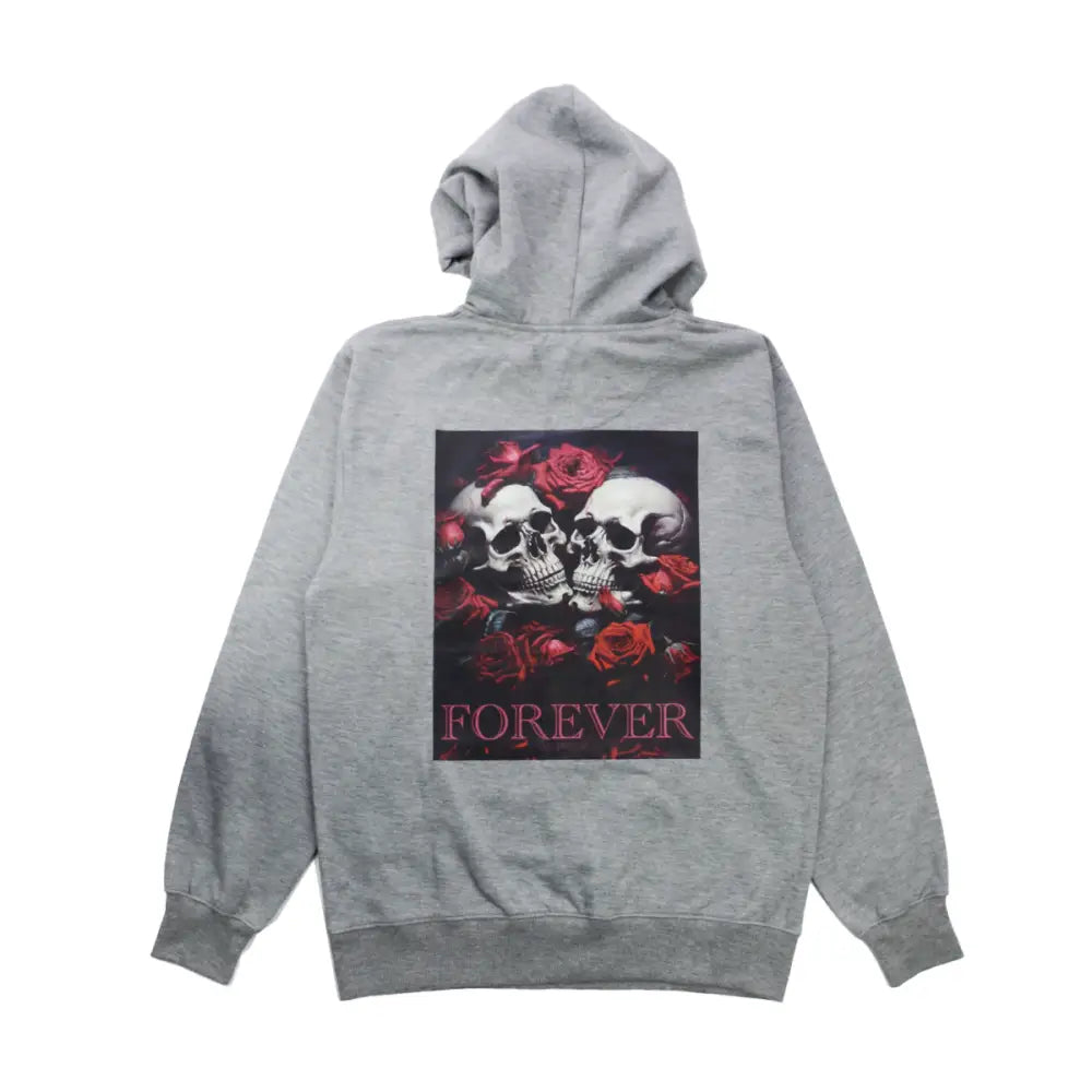Gray forever hoodie with skull and rose graphic ideal for casual wear and glass water pipes