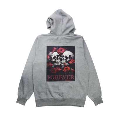 Gray forever hoodie with skull and rose graphic ideal for casual wear and glass water pipes