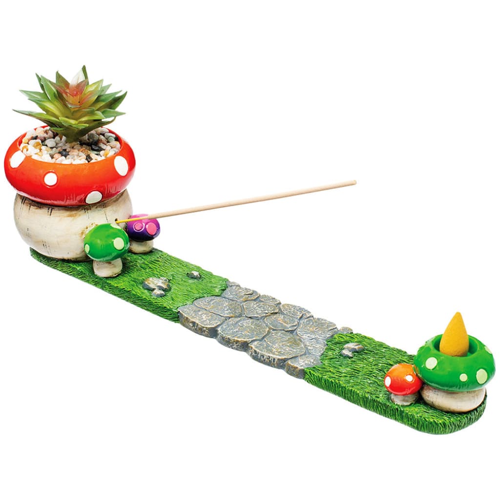 Fujima Mushroom Incense Burner with whimsical mushroom meadow path and faux succulents