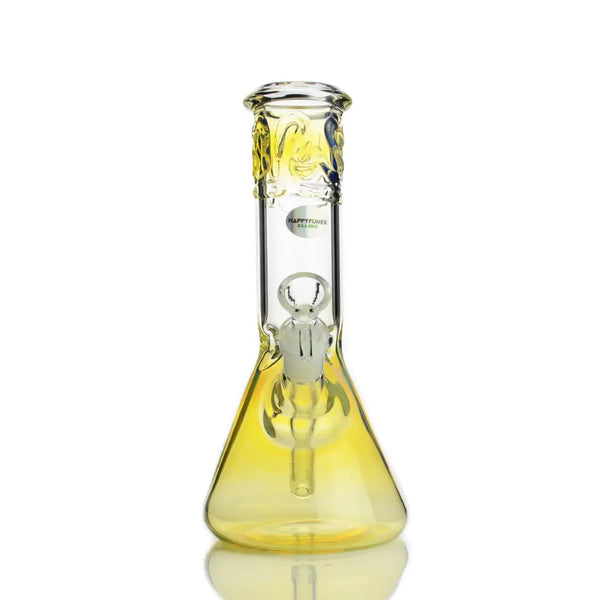 Handcrafted USA fumed glass beaker water pipe with yellow gradient and floral etching