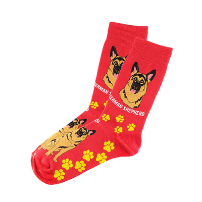 Red German Shepherd socks showcasing unisex unique design for dog lovers