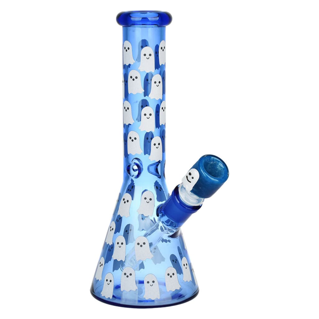 Blue glass bong with cartoon ghosts; Glow Beaker Water Pipe includes downstem diffuser