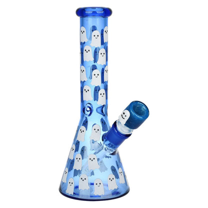 Blue glass bong with cartoon ghosts; Glow Beaker Water Pipe includes downstem diffuser