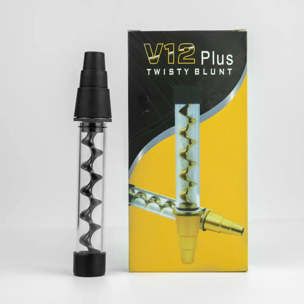 Glass blunt hand pipe with water pipe adapter, black V12 plus twisty spiral