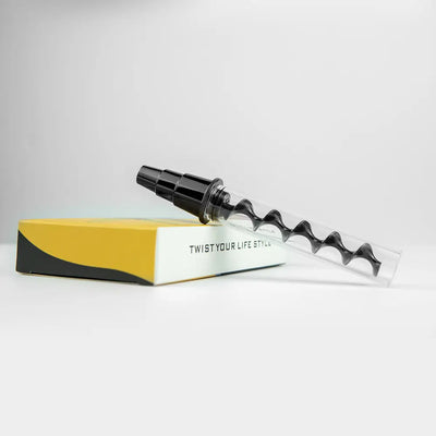 Glass blunt hand pipe with water pipe adapter and black corkscrew on box
