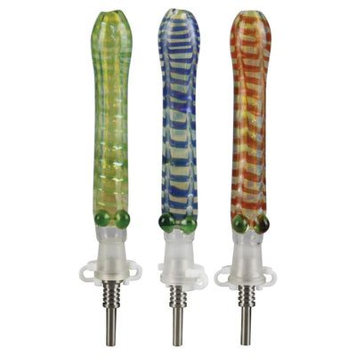 Glass dab straw with colorful stripes and 10mm titanium nail and tip on metal bases