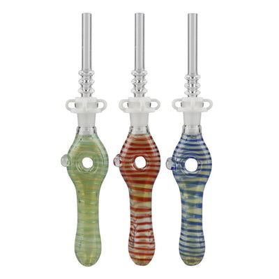 Three Colorful Glass Donut Dab Straws with Replaceable Quartz Tips and Metal Stems