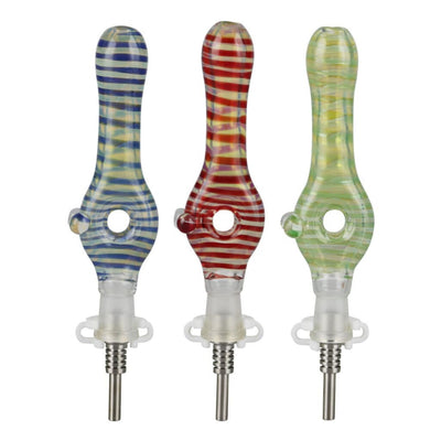 Colorful glass pipe stems with striped patterns, part of the Glass Donut Dab Straw collection