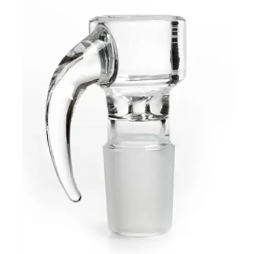 Clear glass hand pipe bowl with arm handle and frosted base