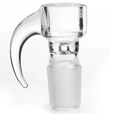 Glass hand pipe with arm handle, clear male joint and frosted base