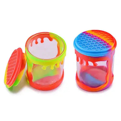 Vibrant rainbow glass jar with silicone sleeve, honeycomb lid smoking accessory