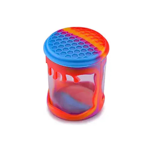 Vibrant glass jar with silicone sleeve, honeycomb lid, premium smoking accessory