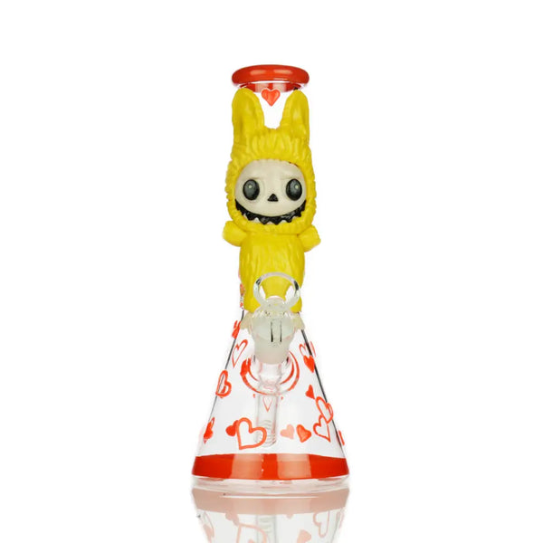 Glow-in-the-dark 10-inch beaker water pipe with 14mm male bowl, bunny skull, hearts