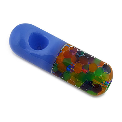 Glycerin Colorful Capsule Pipe: Glass With Blue Body, Patterned End, And Gummies