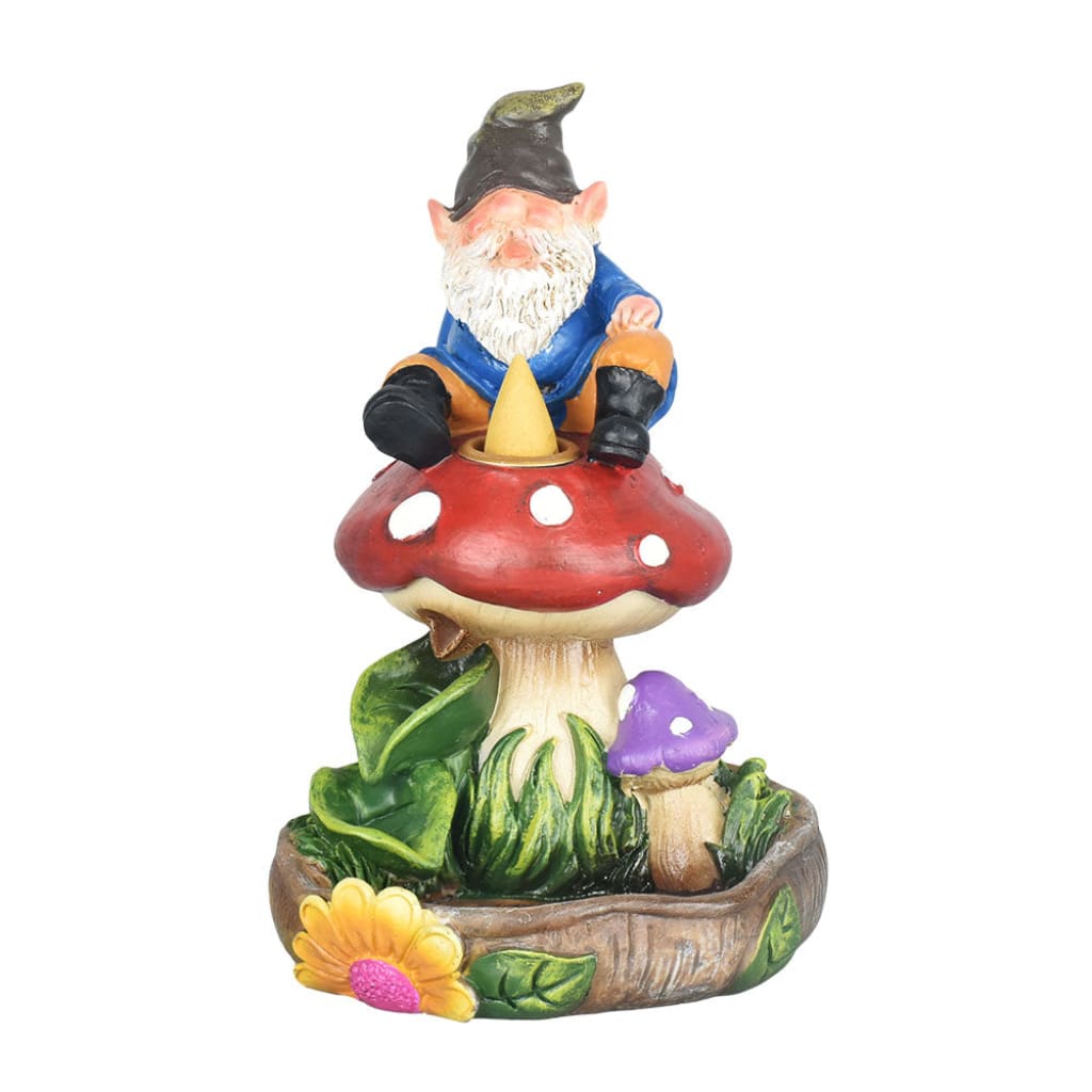 Handcrafted gnome on colorful mushroom backflow incense burner for serene garden decor
