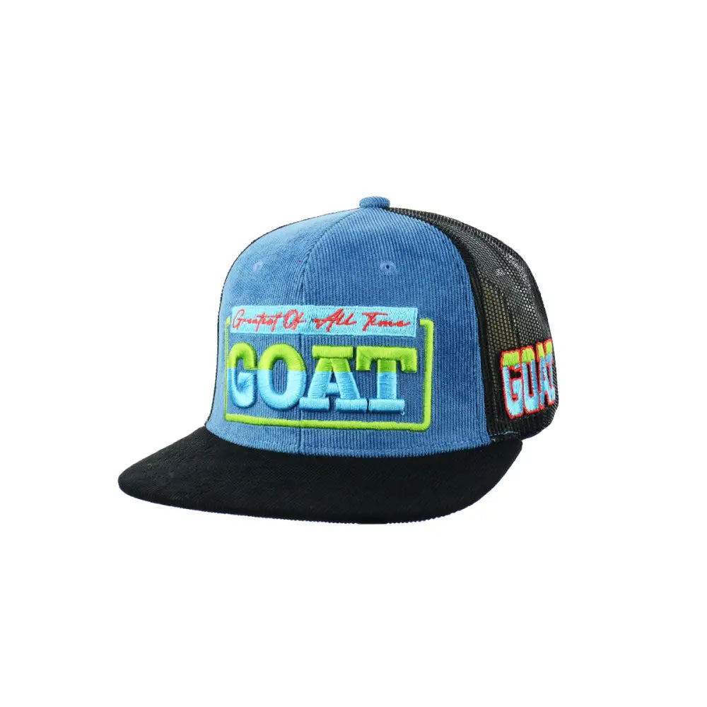 Blue and black Goat Embroidered Snapback Hat with Corduroy and Mesh Design