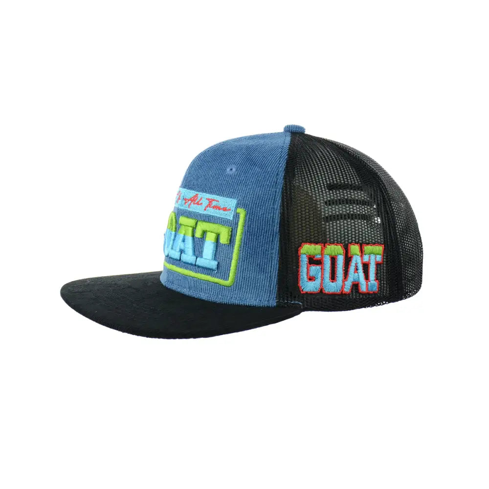 Blue and black Goat Embroidered Snapback Hat with Corduroy and Mesh Design