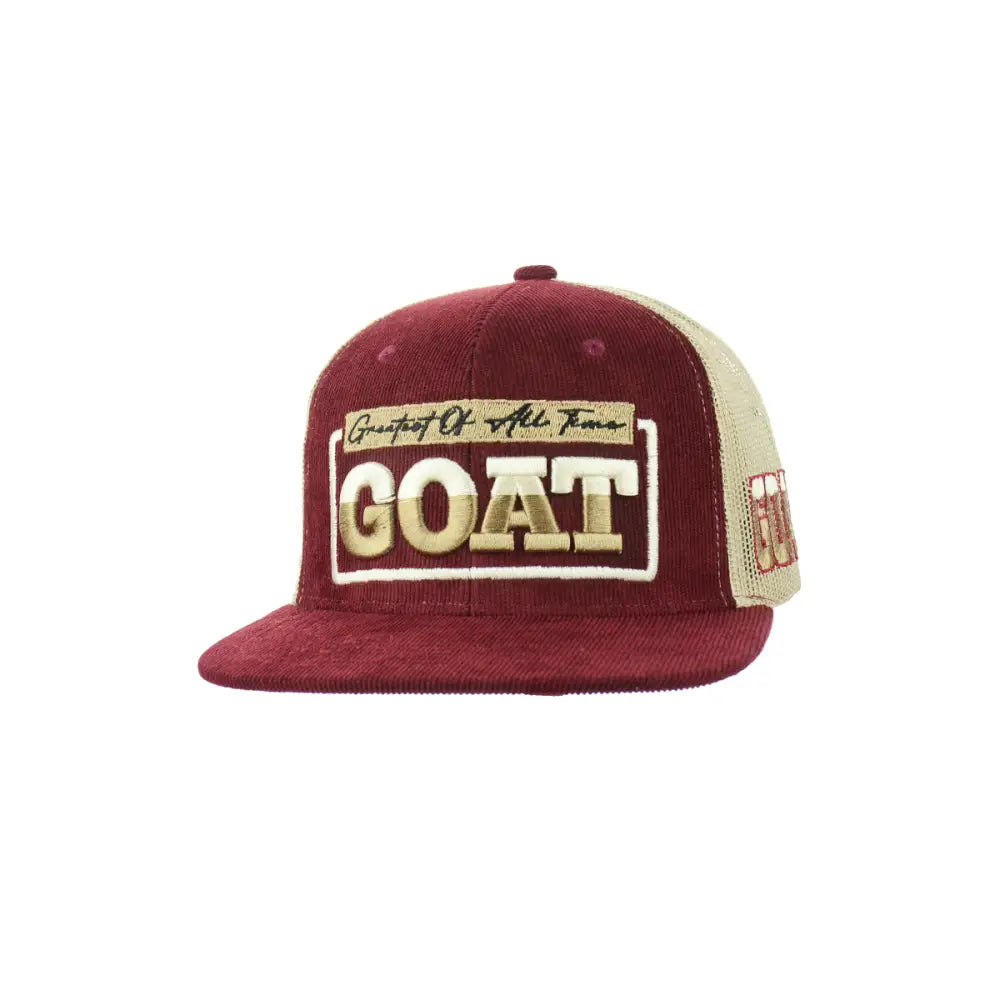 Maroon and tan goat embroidered snapback hat with corduroy and mesh design
