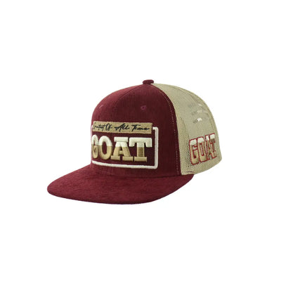 Maroon and tan goat embroidered snapback hat with corduroy and mesh design