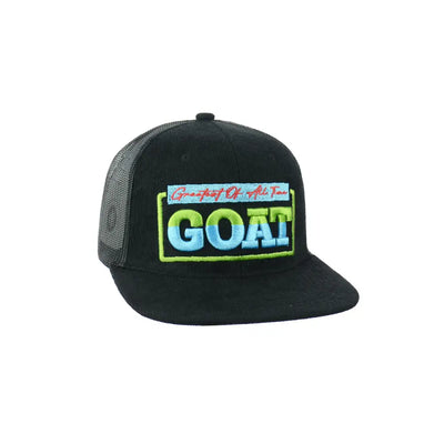 Black trucker hat with goat embroidered snapback and mesh design for stylish wear