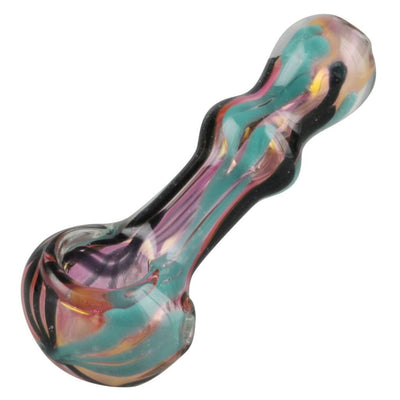 Gold fumed wigwag hand pipe with colorful swirling teal, purple, and orange patterns