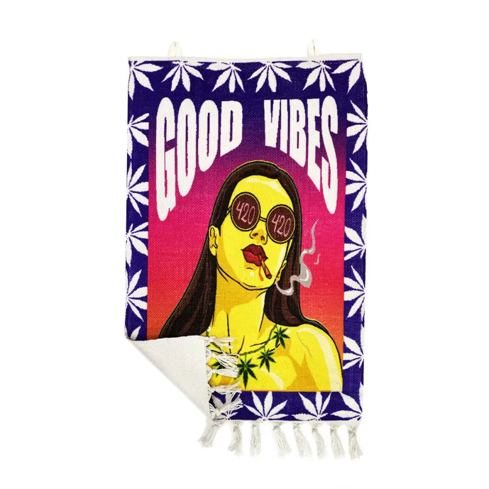 Good Vibes Wall Hanging featuring a woman smoking and cannabis leaf border for colorful smoking spaces