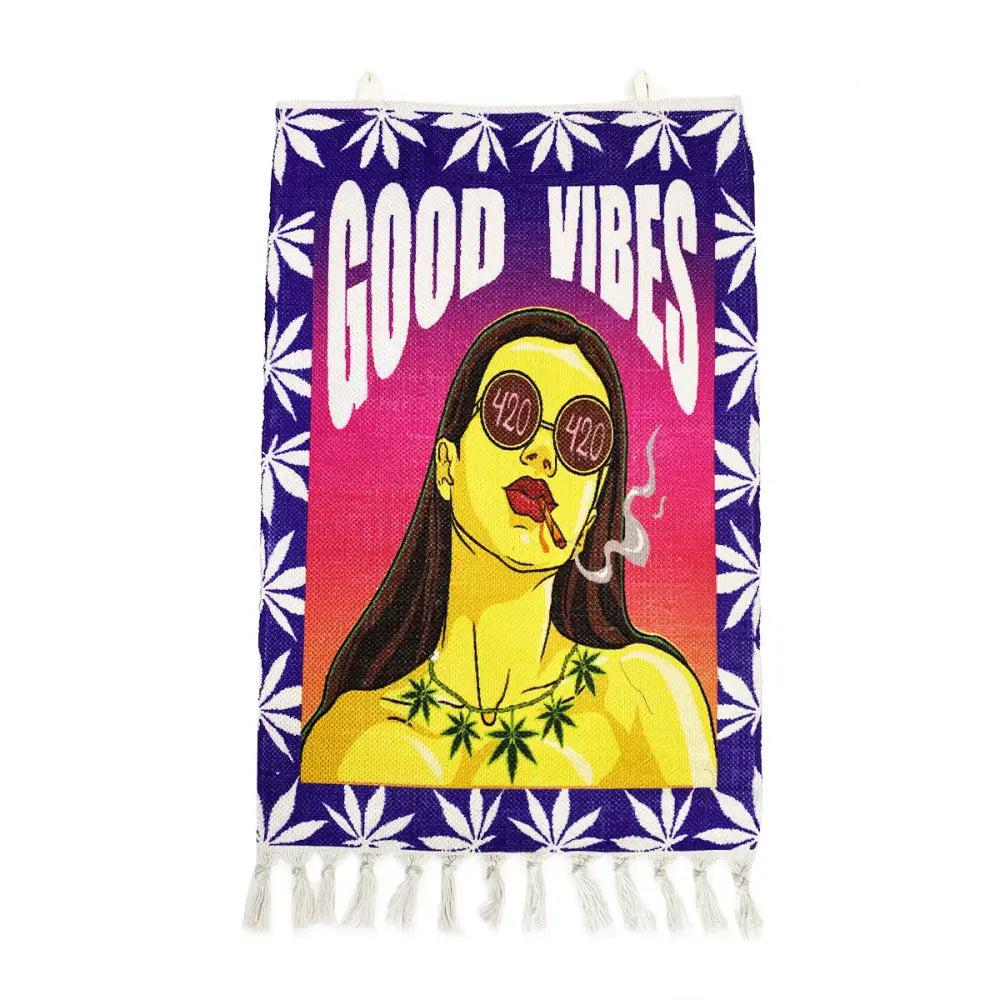 Vibrant vibes wall hanging with woman in 420 sunglasses smoking among cannabis leaves