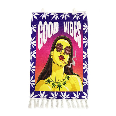 Vibrant vibes wall hanging with woman in 420 sunglasses smoking among cannabis leaves