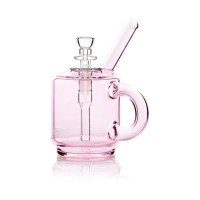 Pink glass mug-shaped bong as Grav® Coffee Mug Pocket Bubbler for an adventurous routine