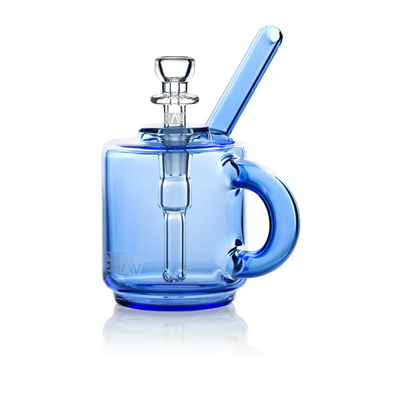 Blue glass mug-shaped bong for Grav® Coffee Mug Pocket Bubbler an adventurous routine