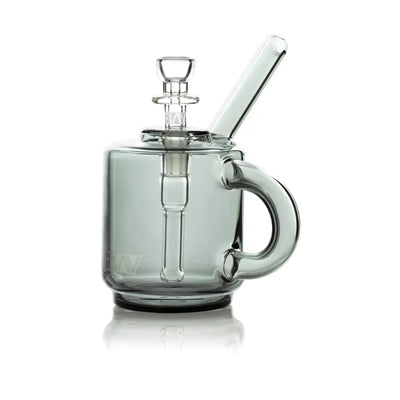 Gray glass mug-shaped bong showcasing the Grav® Coffee Mug Pocket Bubbler for an adventurous routine