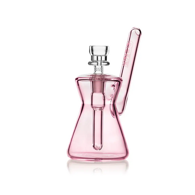 Pink glass water pipe showing Hourglass Pocket Bubbler for compact water pipe experience