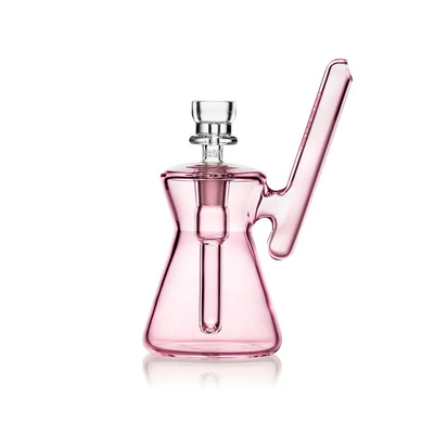 Pink glass dab rig for Hourglass Pocket Bubbler compact water pipe experience