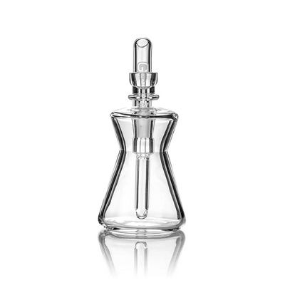Clear glass dab rig showcasing the Hourglass Pocket Bubbler for a compact water pipe experience