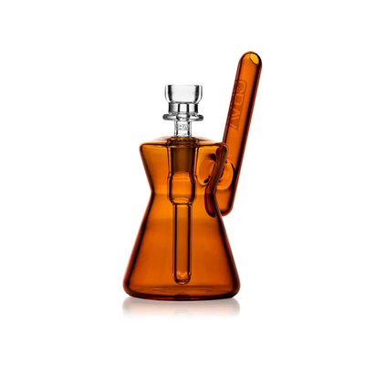 Amber glass water pipe, part of the Hourglass Pocket Bubbler for a compact water pipe experience