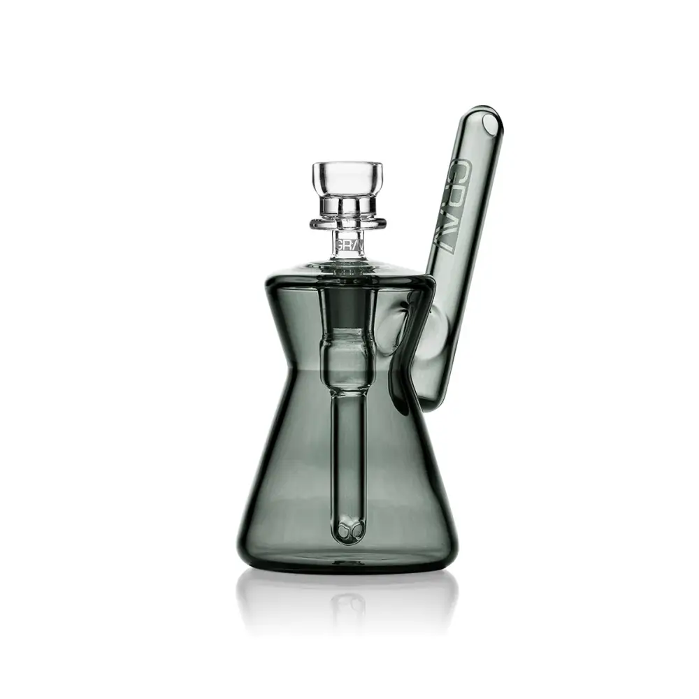Gray glass water pipe depicted in Hourglass Pocket Bubbler for Compact Water Pipe Experience