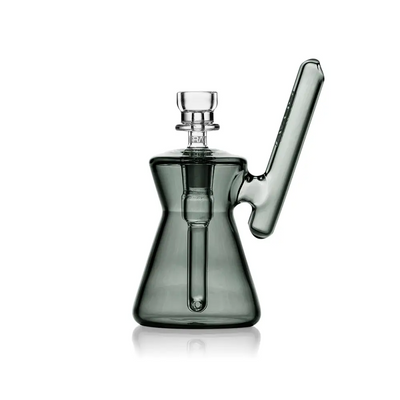 Gray glass water pipe featuring the Hourglass Pocket Bubbler for compact water pipe experience