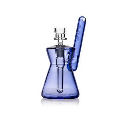 Blue glass water pipe showing hourglass pocket bubbler for compact water pipe experience