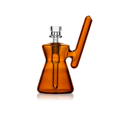 Amber glass water pipe featuring the Hourglass Pocket Bubbler for a compact water pipe experience