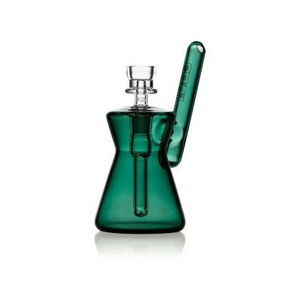 Green glass water pipe featuring the Hourglass Pocket Bubbler for a compact water pipe experience