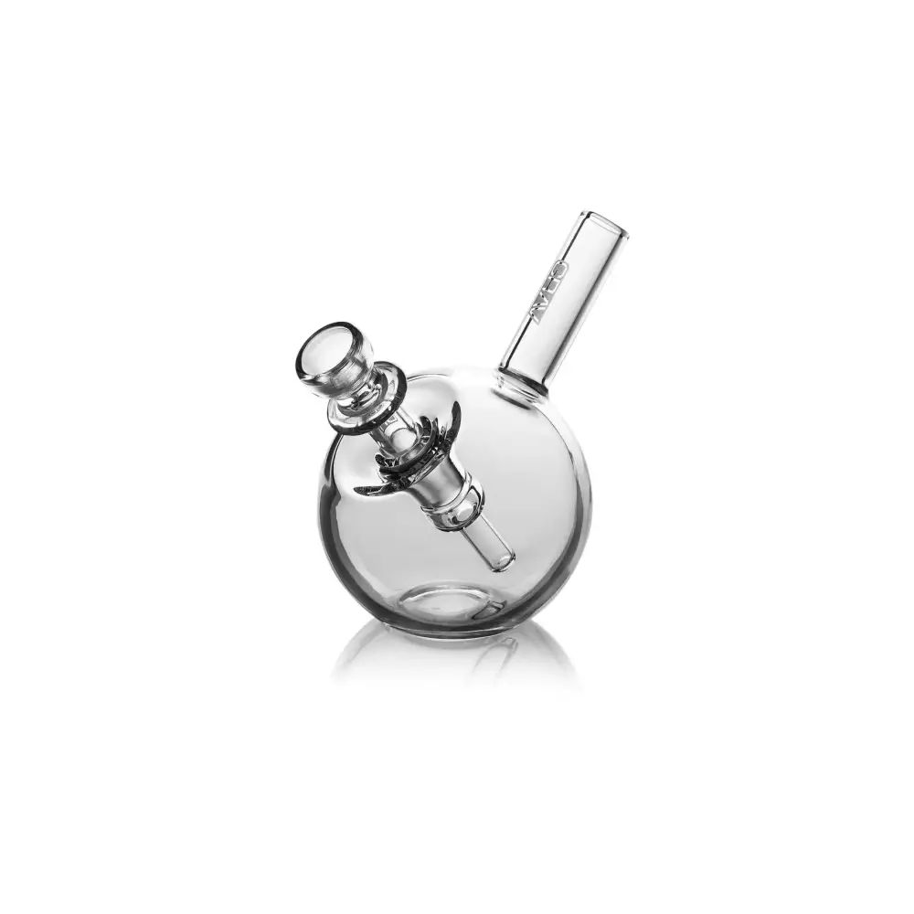 Clear glass water pipe from Grav Spherical Pocket Bubbler, compact and powerful design