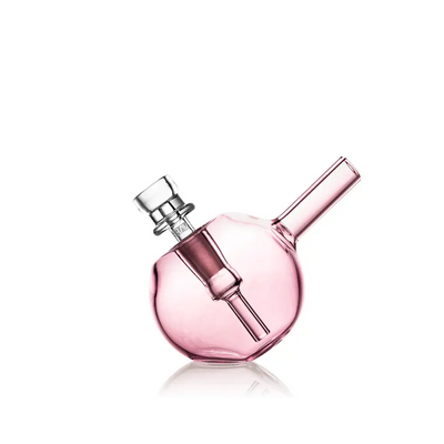 Pink glass water pipe showcasing Grav Spherical Pocket Bubbler for compact smoking