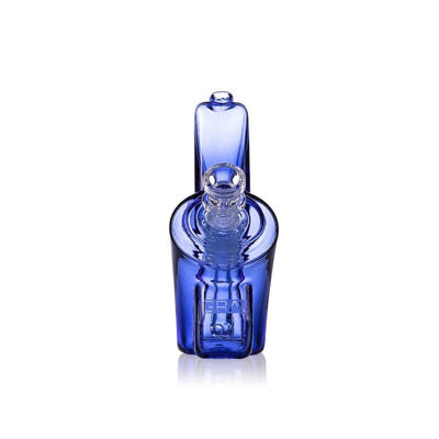 Blue glass bottle with unique shape, ergonomic design, and GPA engraving - Grav Wedge Bubbler